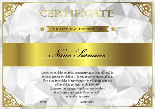 Horizontal white silver and gold certificate and diploma template with vintage, floral, filigree and cute pattern for winner for achievement. Blank of award coupon. Vector