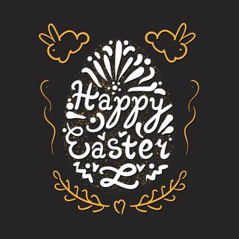 Vintage Happy Easter lettering in egg with gold rabbits. Vector