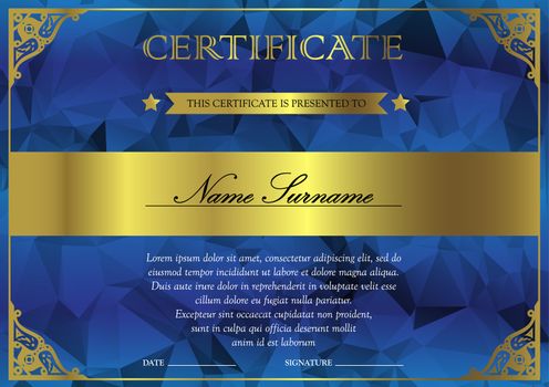 Horizontal blue and gold certificate and diploma template with vintage, floral, filigree and cute pattern for winner for achievement. Blank of award coupon. Vector