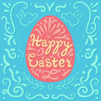 Vintage Happy Easter lettering in egg with rabbits. Pasch cookie. Vector