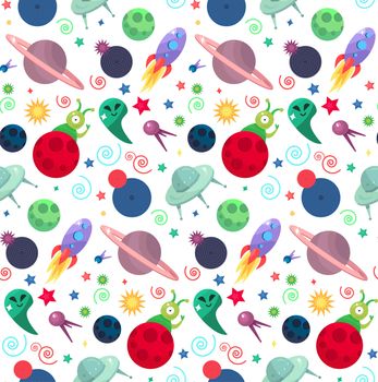 Cosmos and UFO concept in seamless pattern for wrap, print, fabric and game, web and children's items. Spaceship, satellites, planet and alien, extraterrestrial, stars and universe. Vector