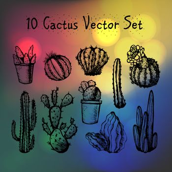 Hand Drawn Isolated Cactuses Set. Cactus in vintage style for textiles, print and etching. Line-art. Vector