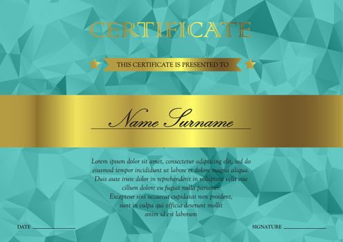 Horizontal turquoise and gold certificate and diploma template with vintage, floral, filigree and cute pattern for winner for achievement. Blank of award coupon. Vector