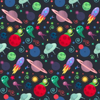 Cosmos and UFO concept in seamless pattern for wrap, print, fabric and game, web and children's items. Spaceship, satellites, planet and alien, extraterrestrial, stars and universe. Vector