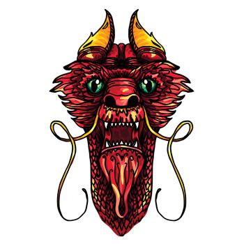 Red and Gold Dragon Head in tattoo and cartoon style. Vector