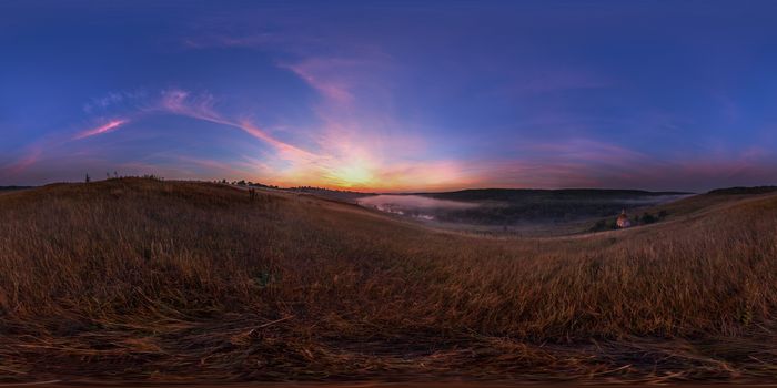 Spherical 360 degrees seamless panorama in equirectangular projection, panorama of natural landscape on river sunrise. VR content from ground level