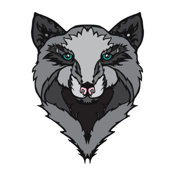 Illustration of isolated detailed wild wolf head in vintage and aztec style for textiles, print and tattoo. Line-art. Vector