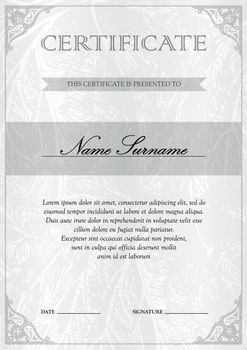 Vertical white silver certificate and diploma template with vintage, floral, filigree and cute pattern for winner for achievement. Blank of award coupon. Vector