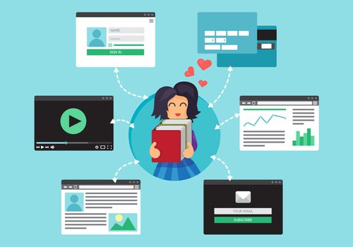Web Life of Reading Child with books from video, blog, social networks, online shopping and email. Graphic user interface and web pages forms and elements. Vector