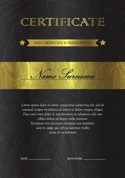 Vertical gold certificate and diploma template with vintage, floral, filigree and cute pattern for winner for achievement. Blank of award coupon. Vector