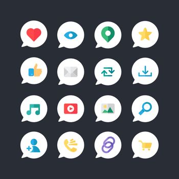Web Icons for blog and social networks, online shopping and email, files of video, images and photos. Elements for count of views, likes and reposts. Vector