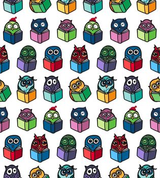 Hand Drawn Funny Owl with Book seamless pattern. Owls Learning subject for print, fabric, wrap and illustration, game, web and children's items. . Vector