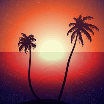 Vintage concept of sunset in tropical beach for sticker, poster, t-shirt, print. Hello summer. Vector