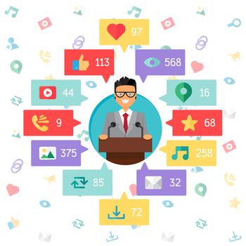 Web Life of Businessman from blog and social networks, online shopping and email, files of video, images and photos. You can change figures in bubbles - count of views, likes and reposts. Vector