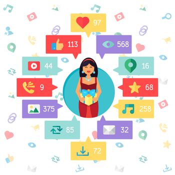 Web Life of Happy Woman from blog and social networks, online shopping and email, files of video, images and photos. You can change figures in bubbles - count of views, likes and reposts. Vector