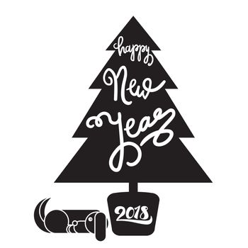 Happy New 2018 Year Lettering in Christmas Tree With Dog. Winter holiday illustration. Xmas Design Label Elements for invitation, greeting card and title, sticker, emblem, print, magnet. Vector