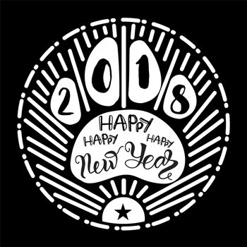Happy New 2018 Year Lettering With Dog. Winter holiday illustration. Xmas Design Label Elements for invitation, greeting card and title, sticker, emblem, print, magnet. Vector