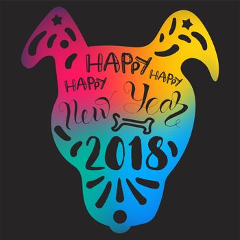 Happy New 2018 Year Lettering With Dog. Winter holiday illustration. Xmas Design Label Elements for invitation, greeting card and title, sticker, emblem, print, magnet. Vector