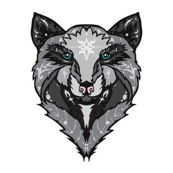 Illustration of isolated detailed wild wolf head in vintage and aztec style for textiles, print and tattoo. Line-art. Vector