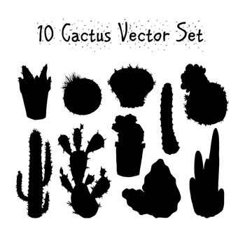 Hand Drawn Isolated Cactuses Silhouettes Set. Cactus in vintage style for textiles, print and etching. Line-art. Vector