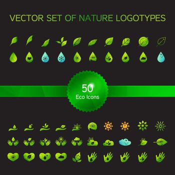 Set of 50 ecology icons, nature logo, biology symbols from leaves and hand, sun and snow, drop and heart. Vector