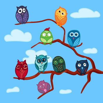 Hand Drawn Funny Owl on Branch. Owls Meeting for print, fabric, wrap and illustration, game, web and children's items. . Vector