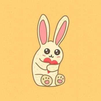 Happy Easter or Valentine's day greeting or banner with cute white rabbit with heart in hands. Vector