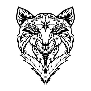 Illustration of isolated detailed wild wolf head in vintage and aztec style for textiles, print and tattoo. Line-art. Vector