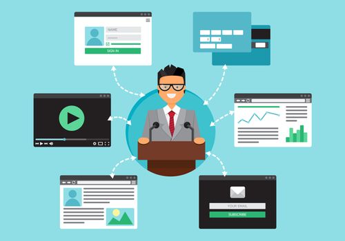 Web Life of Businessman from video, blog, social networks, online shopping and email. Graphic user interface and web pages forms and elements. Vector