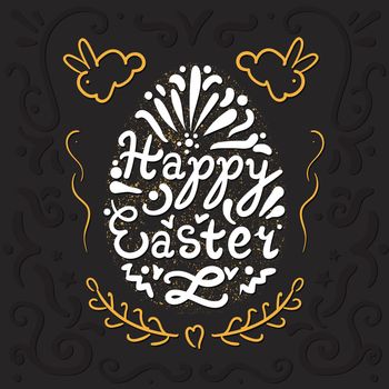 Vintage Happy Easter lettering in egg with gold rabbits. Vector