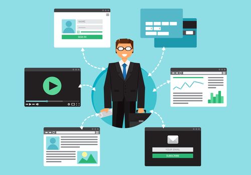 Web Life of Businessman from video, blog, social networks, online shopping and email. Graphic user interface and web pages forms and elements. Vector