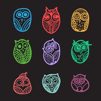 Hand Drawn Funny Owl. Owls set for print, fabric, wrap and illustration. Vector