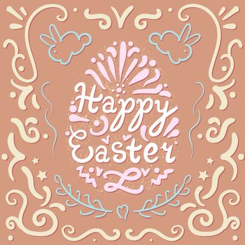 Vintage Happy Easter lettering in egg with rabbits. Pasch cookie. Vector