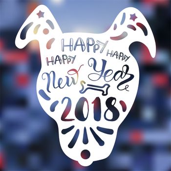 Happy New 2018 Year Lettering With Dog. Winter holiday illustration. Xmas Design Label Elements for invitation, greeting card and title, sticker, emblem, print, magnet. Vector