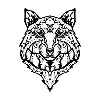 Illustration of isolated detailed wild wolf head in vintage and aztec style for textiles, print and tattoo. Line-art. Vector