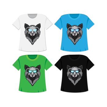 Illustration of isolated detailed wild wolf head in vintage and aztec style for textiles, print and tattoo in mocku with t-shirt. Line-art. Vector