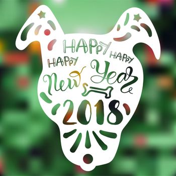 Happy New 2018 Year Lettering With Dog. Winter holiday illustration. Xmas Design Label Elements for invitation, greeting card and title, sticker, emblem, print, magnet. Vector