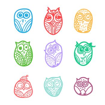 Hand Drawn Funny Owl. Owls set for print, fabric, wrap and illustration. Vector