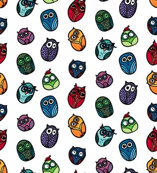 Hand Drawn Funny Owl. Owls seamless pattern for print, fabric, wrap and illustration, game, web and children's items. Vector