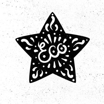 Hand drawn ecology and 100 percents natural lettering in star. Isolated grunge sticker or nature icon of quality for banner, web, card, print. Eco design. Vector