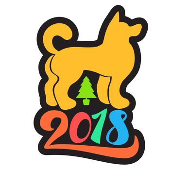 Happy New 2018 Year Lettering With Dog. Winter holiday illustration. Xmas Design Label Elements for invitation, greeting card and title, sticker, emblem, print, magnet. Vector