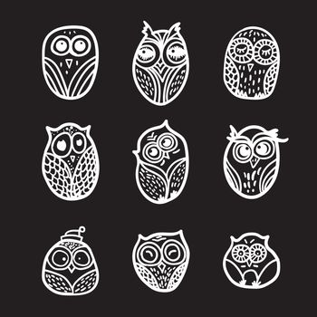 Hand Drawn Funny Owl. Owls set for print, fabric, wrap and illustration. Vector