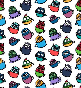 Hand Drawn Funny Owl in Cup. Owls seamless pattern for print, fabric, wrap and illustration, game, web and children's items. Good morning or good night. Vector