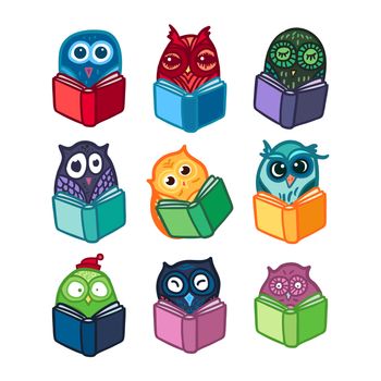 Hand Drawn Funny Owl with Book. Owls Learning subject for print, fabric, wrap and illustration, game, web and children's items. . Vector