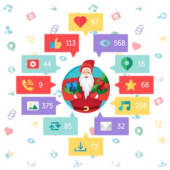 Web Life of Santa Claus from blog and social networks, online shopping and email, files of video, images and photos. You can change figures in bubbles - count of views, likes and reposts. Vector