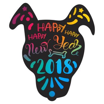 Happy New 2018 Year Lettering With Dog. Winter holiday illustration. Xmas Design Label Elements for invitation, greeting card and title, sticker, emblem, print, magnet. Vector