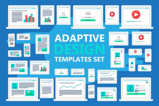 Adaptive Web Templates for site forms of email subscribe, login to account, watching video, online shopping, blog and infographics on computer, smartphone and tablet. Vector
