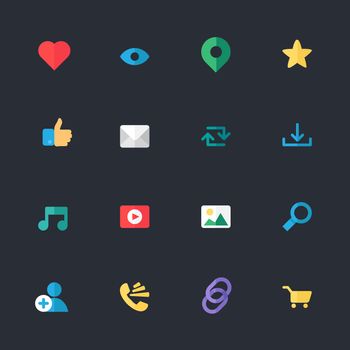 Web Icons for blog and social networks, online shopping and email, files of video, images and photos. Elements for count of views, likes and reposts. Vector