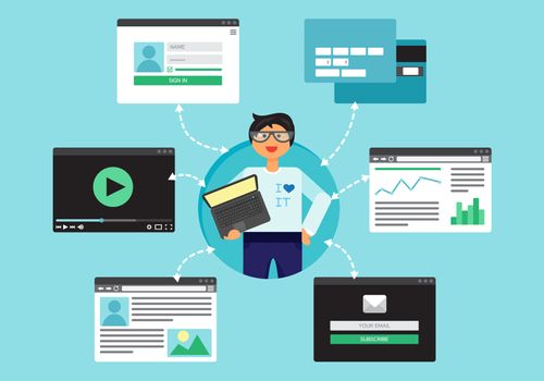 Web Life of Programmer and System Administrator with notebook from video, blog, social networks, online shopping and email. Graphic user interface and web pages forms and elements. Vector