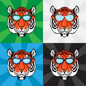 Illustration of isolated tiger head with glasses in vintage style for textiles, print and tattoo. Line-art. Vector